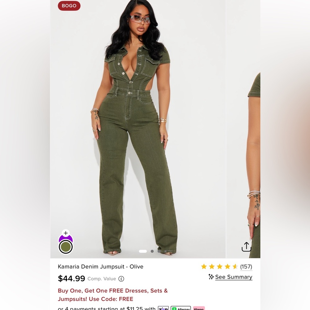 Fashion Nova Olive Green Short-Sleeve Utility Jumpsuit - Picture 4 of 4